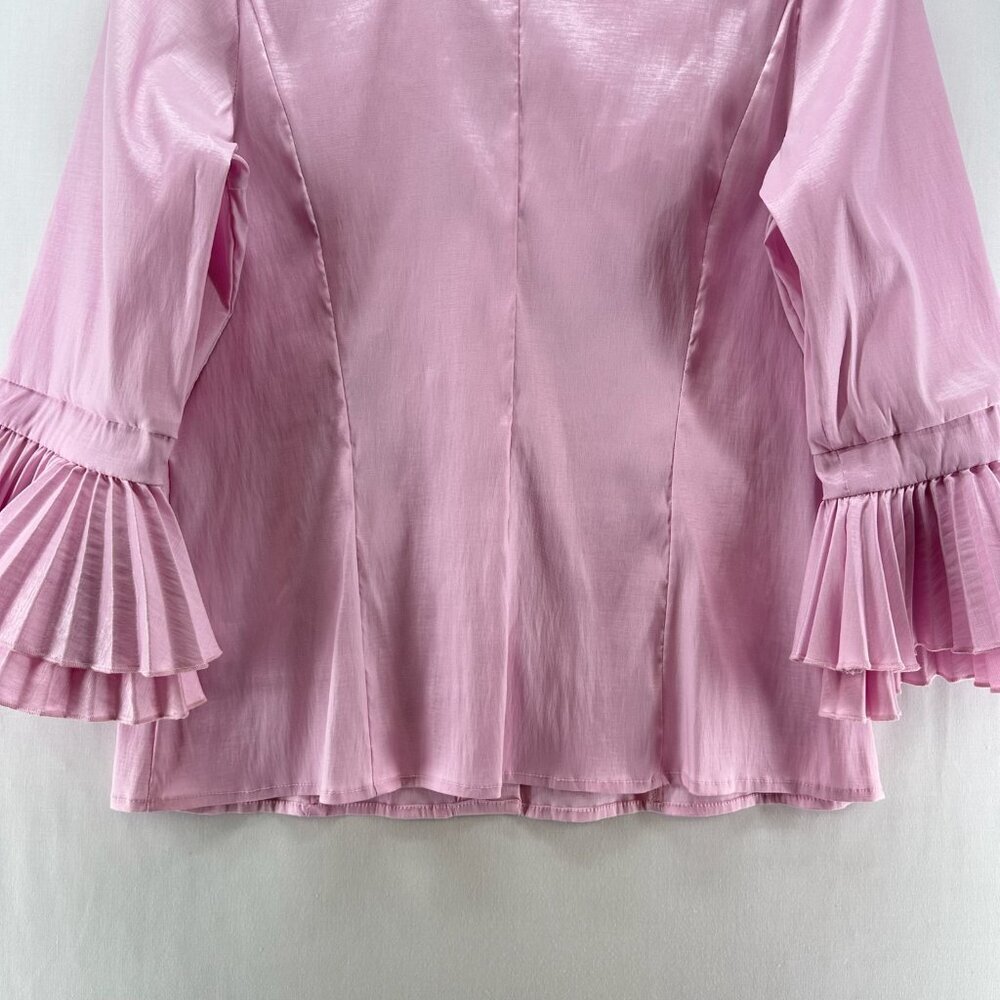 Victor Costa Top Womens S Satin Blouse Hidden Button Pleated Bell Sleeve Pink - Picture 6 of 12